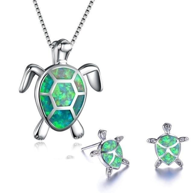 NAIAE Silver Sea Turtle Necklace and Earring Set with Opal Accents