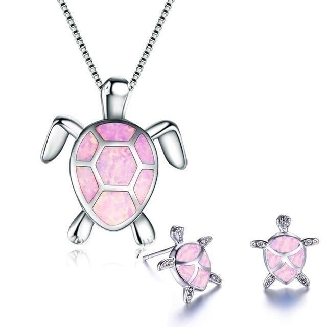 NAIAE Silver Sea Turtle Necklace and Earring Set with Opal Accents