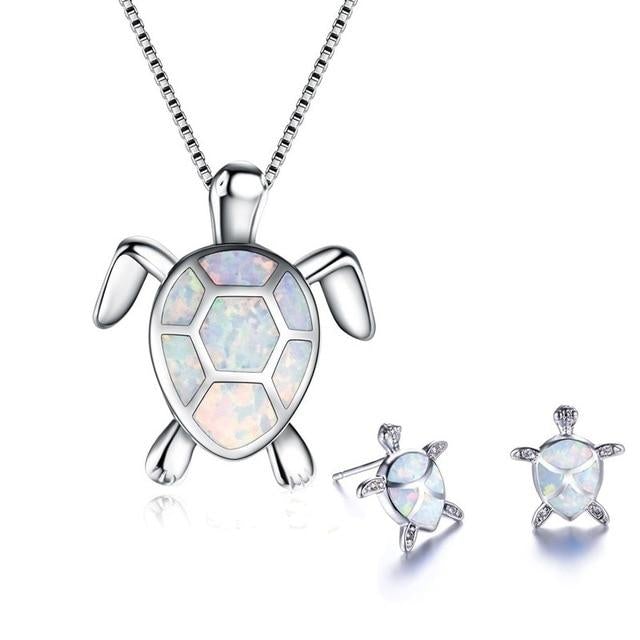 NAIAE Silver Sea Turtle Necklace and Earring Set with Opal Accents