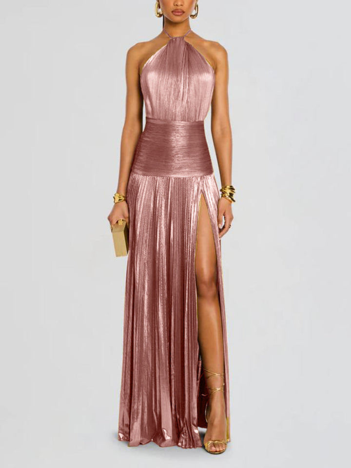 Isla – Elegant Metallic Peridot Maxi Dress