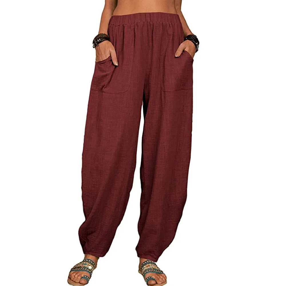 Women's Cotton and Linen Harem Pants – Summer – Casual & Vintage – With Pockets – Elegant Wide Legs – Loose-Fit Streetwear Trousers