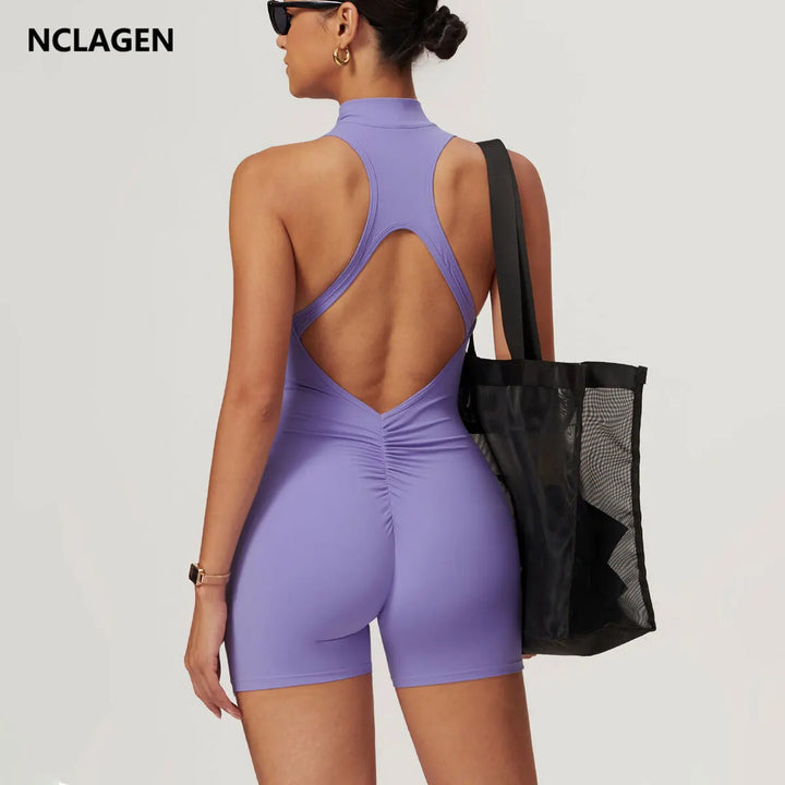 Women's Short Jumpsuit - Open Back Scrunch Booty Yoga Set for Fitness and Workouts