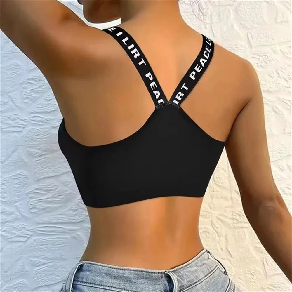Women's Seamless Crop Top with Wide Letter Straps - Comfortable Yoga and Fitness Activewear