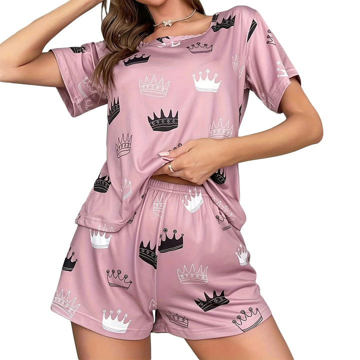 Women's 2-Piece Heart Print Pajama Set: Short Sleeve Top & Cozy Elastic Waistband Shorts for Ultimate Comfort