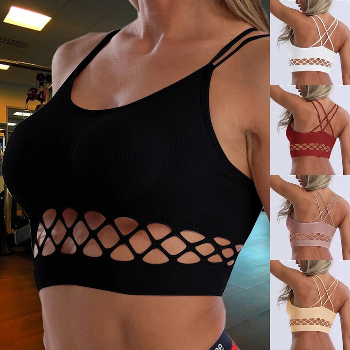 Women's Cotton Striped Sports Bra with Cross Straps - Push-Up Yoga and Workout Top