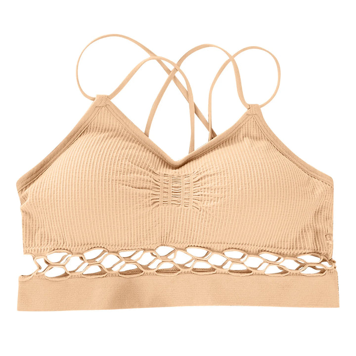 Women's Cotton Striped Sports Bra with Cross Straps - Push-Up Yoga and Workout Top