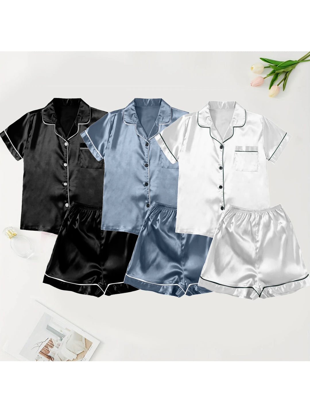 Women's Ice Silk Multi-Piece Summer Pajama Set - Comfortable Nightgown Home Wear in Black, Blue, and White (XXXL)