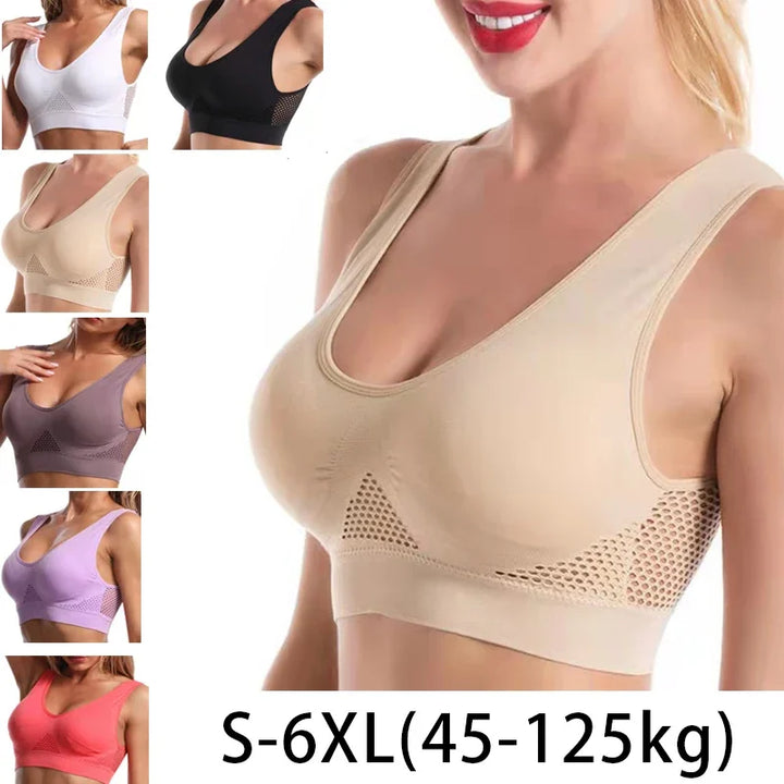 1pc Women's Plus Size Seamless Sports Bra with Removable Pads - Wire-Free, Hollow Mesh Design for Running