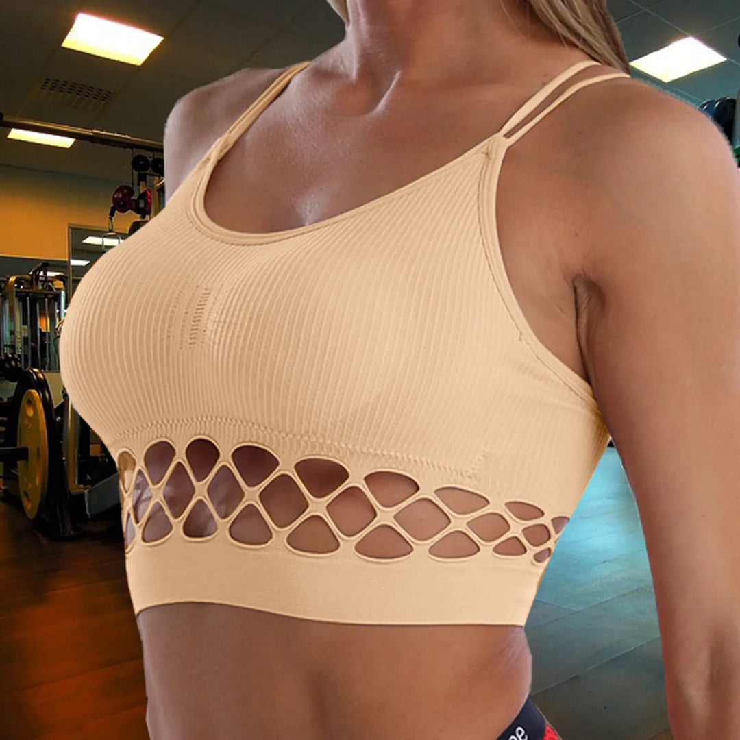 Women's Cotton Striped Sports Bra with Cross Straps - Push-Up Yoga and Workout Top