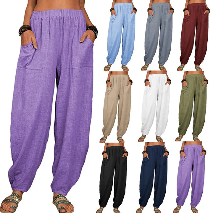 Women's Cotton and Linen Harem Pants – Summer – Casual & Vintage – With Pockets – Elegant Wide Legs – Loose-Fit Streetwear Trousers