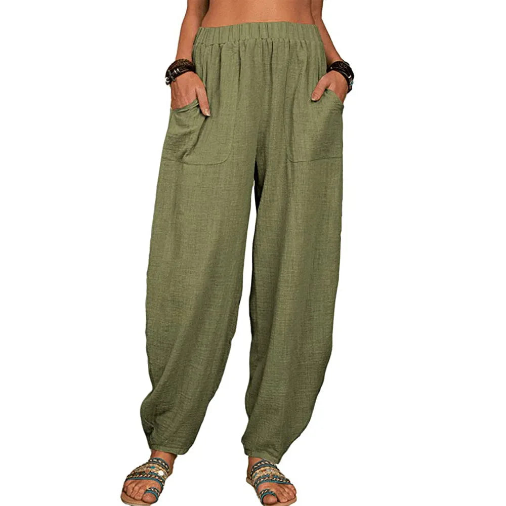 Women's Cotton and Linen Harem Pants – Summer – Casual & Vintage – With Pockets – Elegant Wide Legs – Loose-Fit Streetwear Trousers