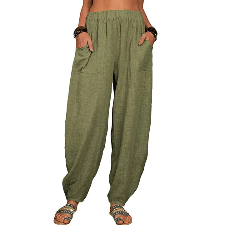 Women's Cotton and Linen Harem Pants – Summer – Casual & Vintage – With Pockets – Elegant Wide Legs – Loose-Fit Streetwear Trousers