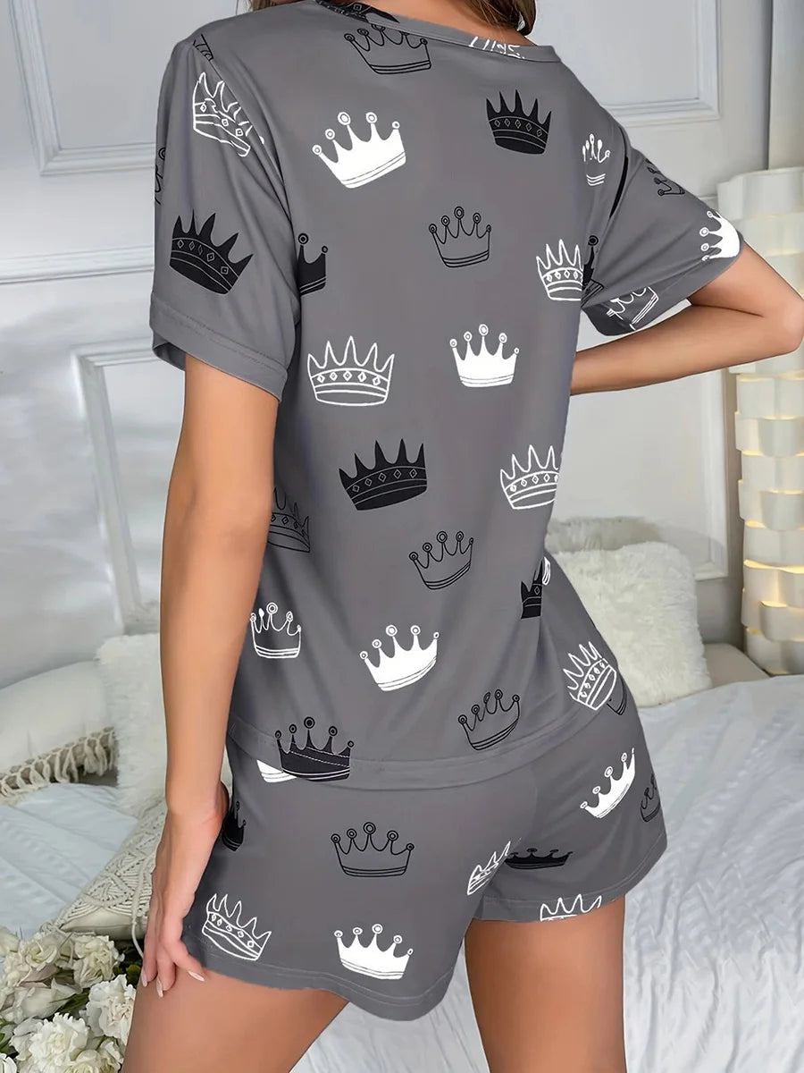 Women's 2-Piece Heart Print Pajama Set: Short Sleeve Top & Cozy Elastic Waistband Shorts for Ultimate Comfort