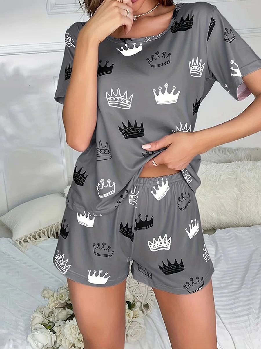 Women's 2-Piece Heart Print Pajama Set: Short Sleeve Top & Cozy Elastic Waistband Shorts for Ultimate Comfort