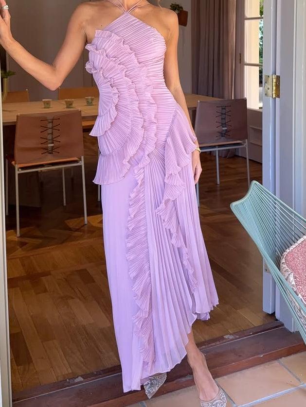 Emmeline - Pleated Suspender Long Dress With Slits