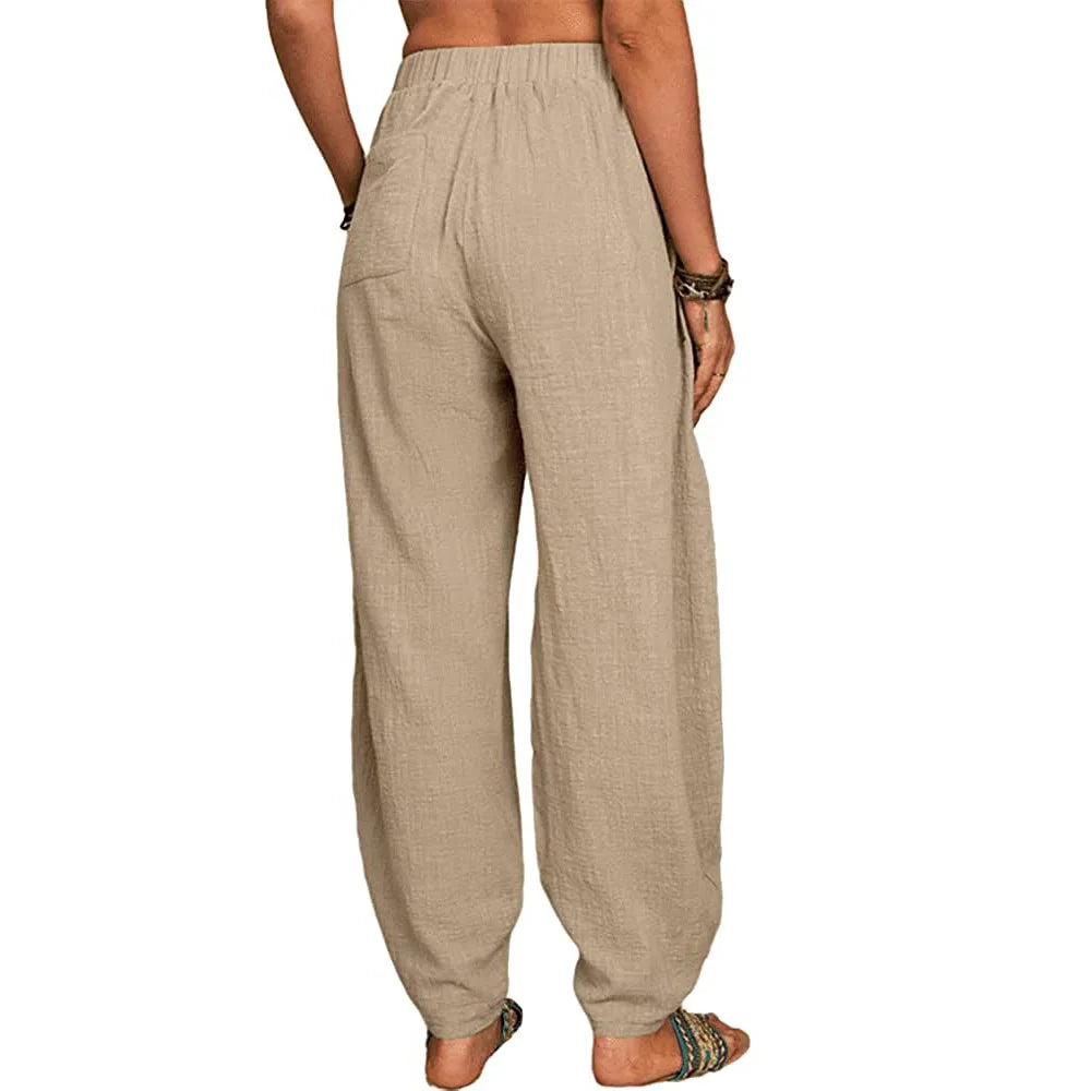 Women's Cotton and Linen Harem Pants – Summer – Casual & Vintage – With Pockets – Elegant Wide Legs – Loose-Fit Streetwear Trousers