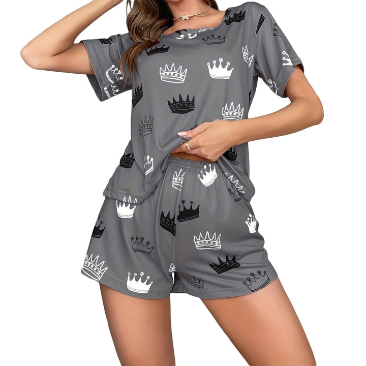 Women's 2-Piece Heart Print Pajama Set: Short Sleeve Top & Cozy Elastic Waistband Shorts for Ultimate Comfort