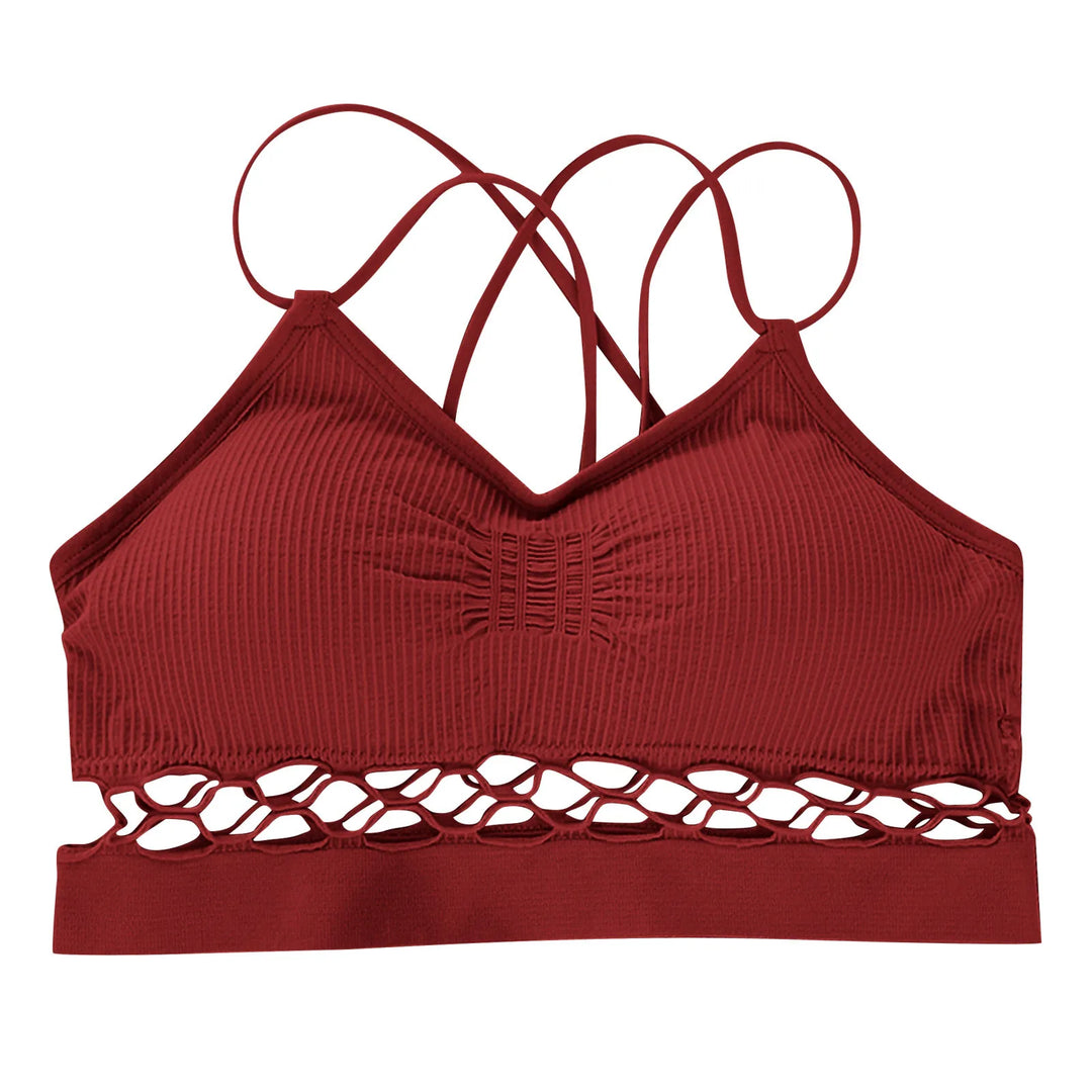 Women's Cotton Striped Sports Bra with Cross Straps - Push-Up Yoga and Workout Top