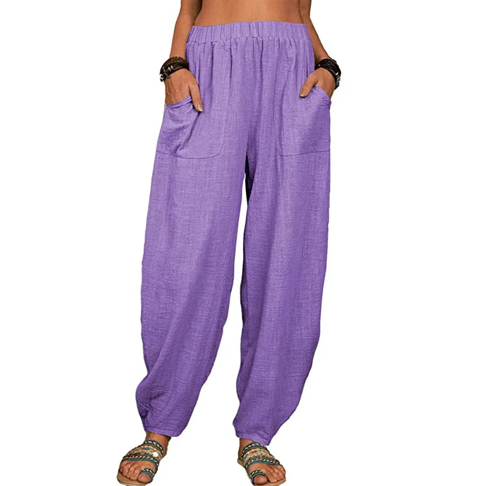Women's Cotton and Linen Harem Pants – Summer – Casual & Vintage – With Pockets – Elegant Wide Legs – Loose-Fit Streetwear Trousers