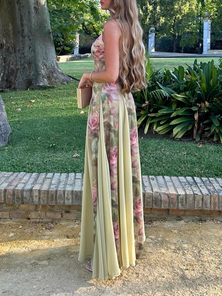 Light Green Rose Print Suspender Maxi Dress