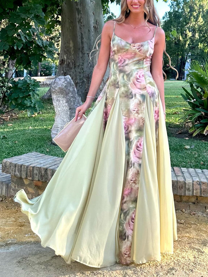 Light Green Rose Print Suspender Maxi Dress