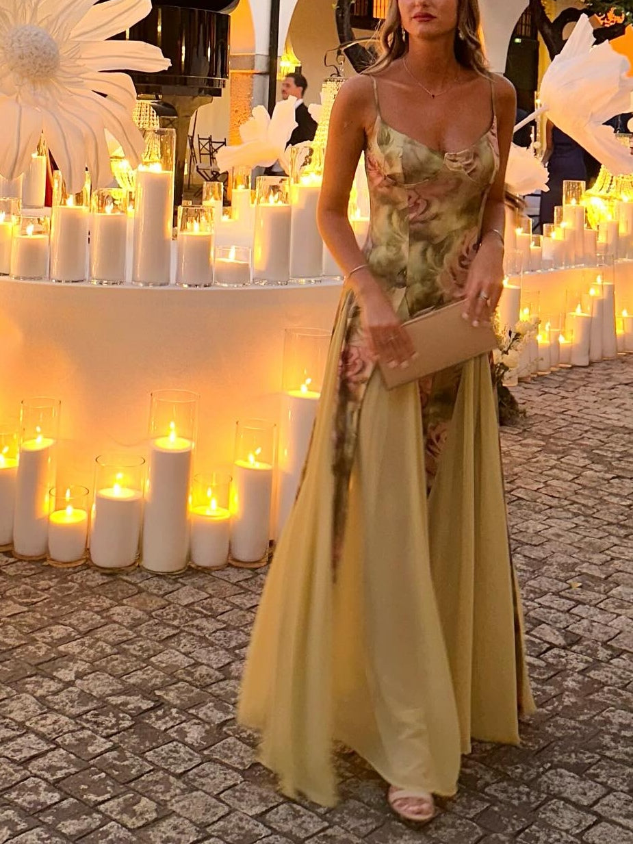 Light Green Rose Print Suspender Maxi Dress