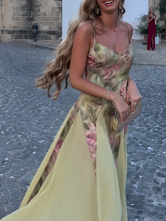 Light Green Rose Print Suspender Maxi Dress