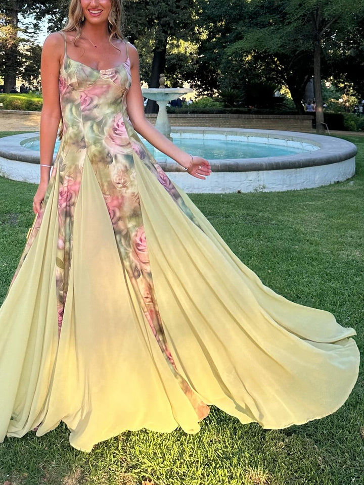 Light Green Rose Print Suspender Maxi Dress