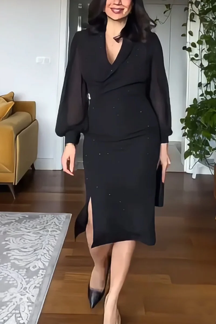 Black Deep V Rhinestone Midi Dress