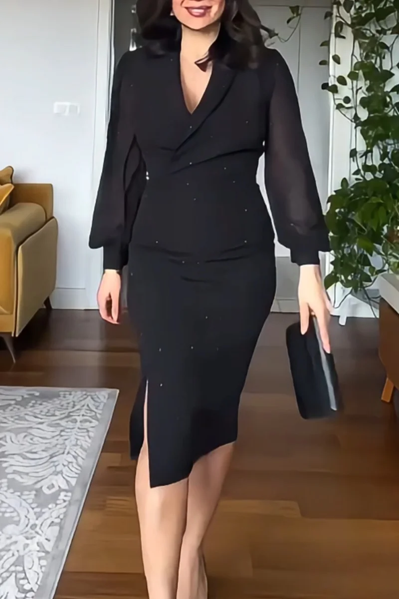 Black Deep V Rhinestone Midi Dress
