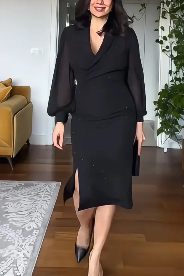 Black Deep V Rhinestone Midi Dress