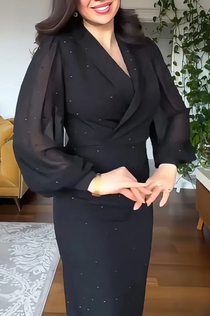 Black Deep V Rhinestone Midi Dress