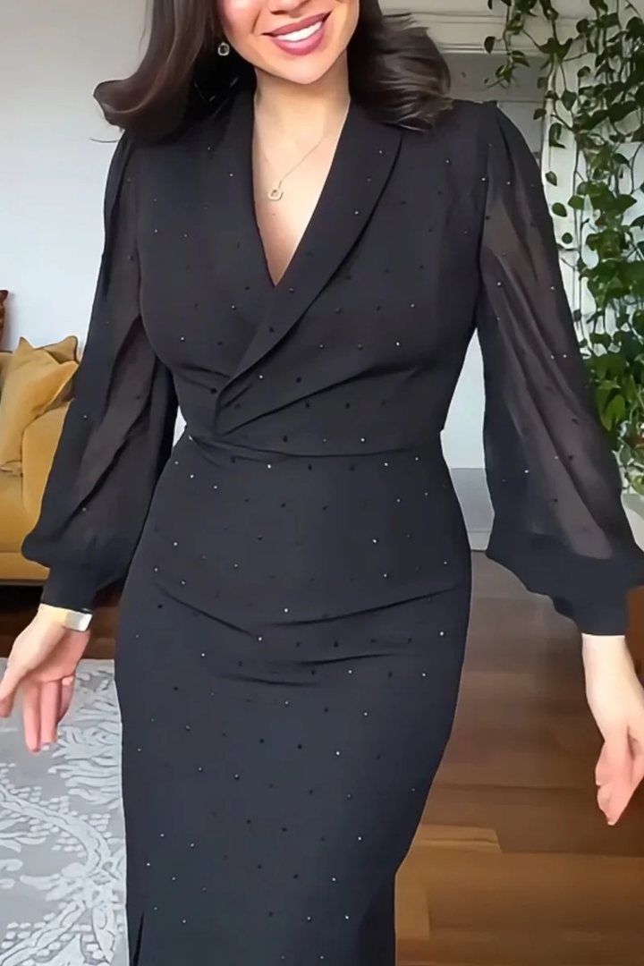 Black Deep V Rhinestone Midi Dress