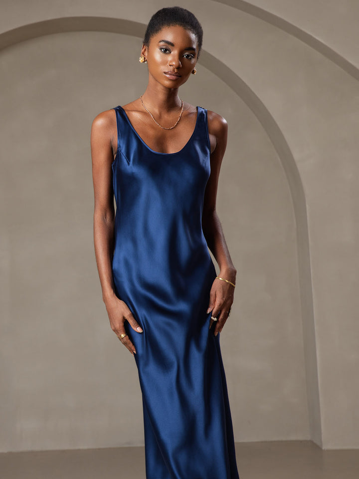 Elegant Sleeveless Long Dress with Wide Silk Straps