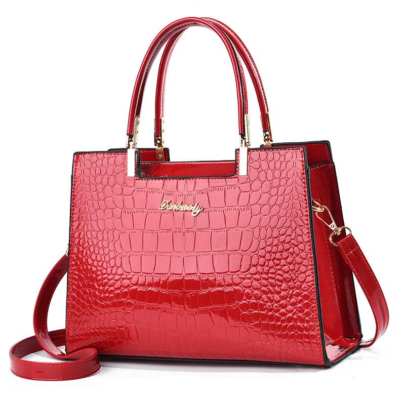 Glossy Crocodile-Patterned Leather Handbag