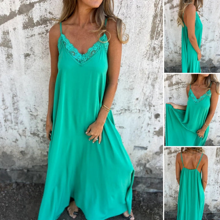 🌟New Arrival: Elegant V-Neck Maxi Dress with Spaghetti Straps and Lace - Hot Sale for Women! 🔥