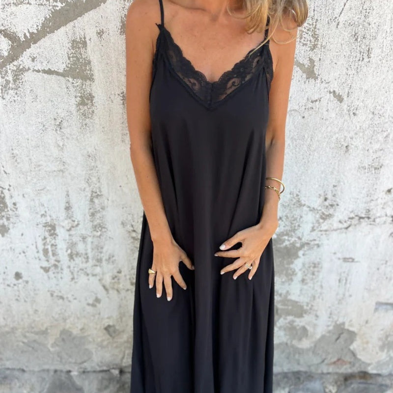 🌟New Arrival: Elegant V-Neck Maxi Dress with Spaghetti Straps and Lace - Hot Sale for Women! 🔥