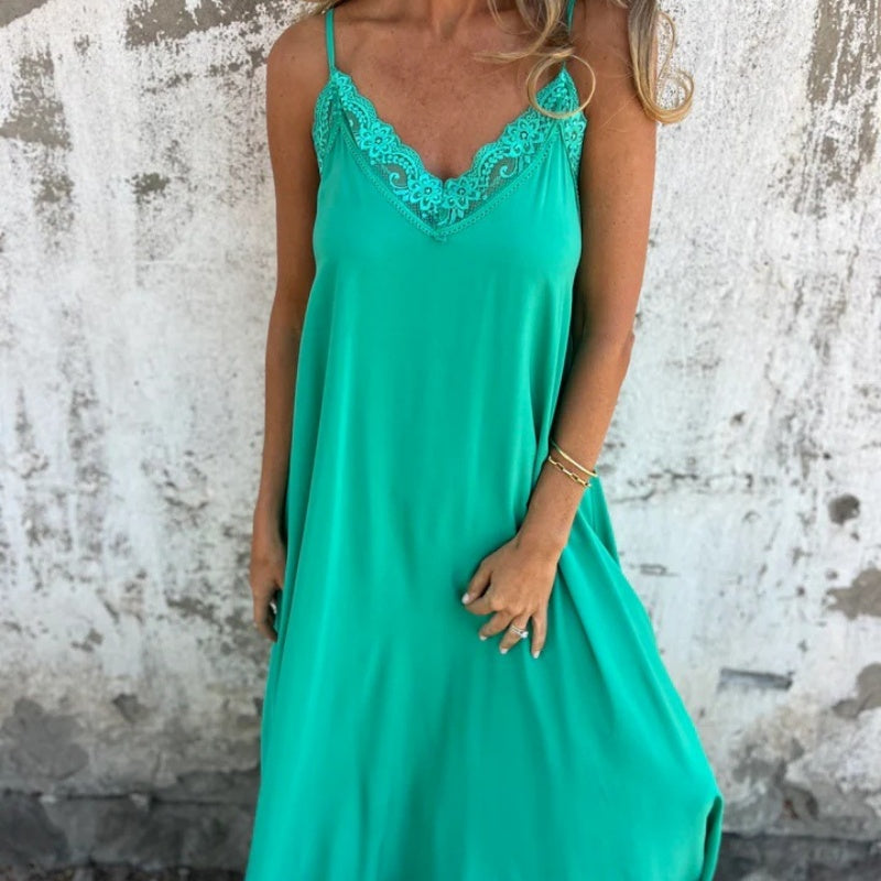 🌟New Arrival: Elegant V-Neck Maxi Dress with Spaghetti Straps and Lace - Hot Sale for Women! 🔥