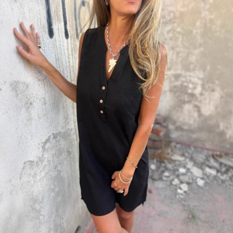 Women's V-Neck Sleeveless Dress with Button Placket