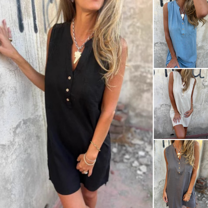 Women's V-Neck Sleeveless Dress with Button Placket