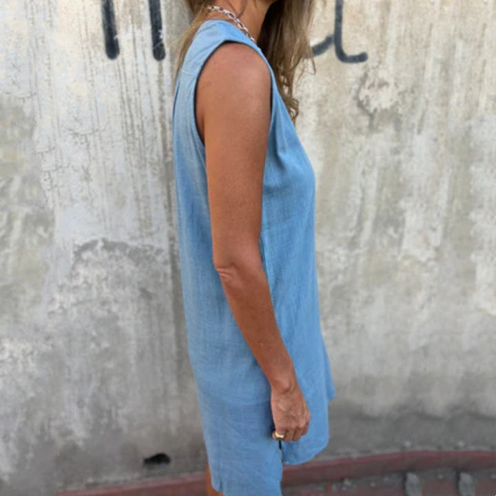 Women's V-Neck Sleeveless Dress with Button Placket