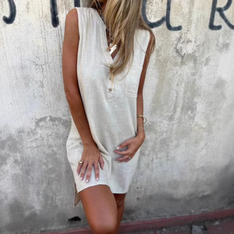 Women's V-Neck Sleeveless Dress with Button Placket