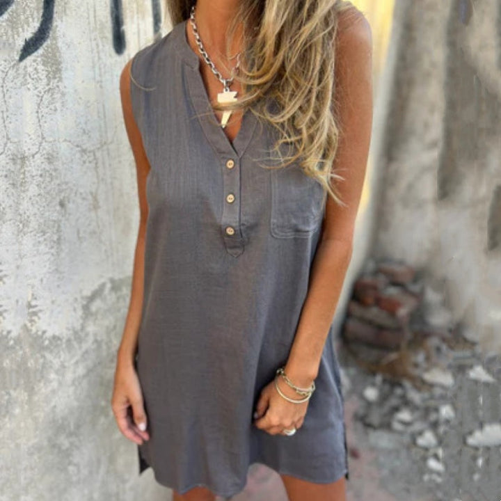 Women's V-Neck Sleeveless Dress with Button Placket