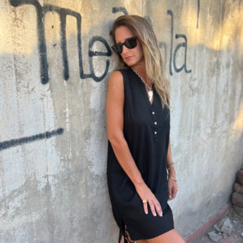 Women's V-Neck Sleeveless Dress with Button Placket
