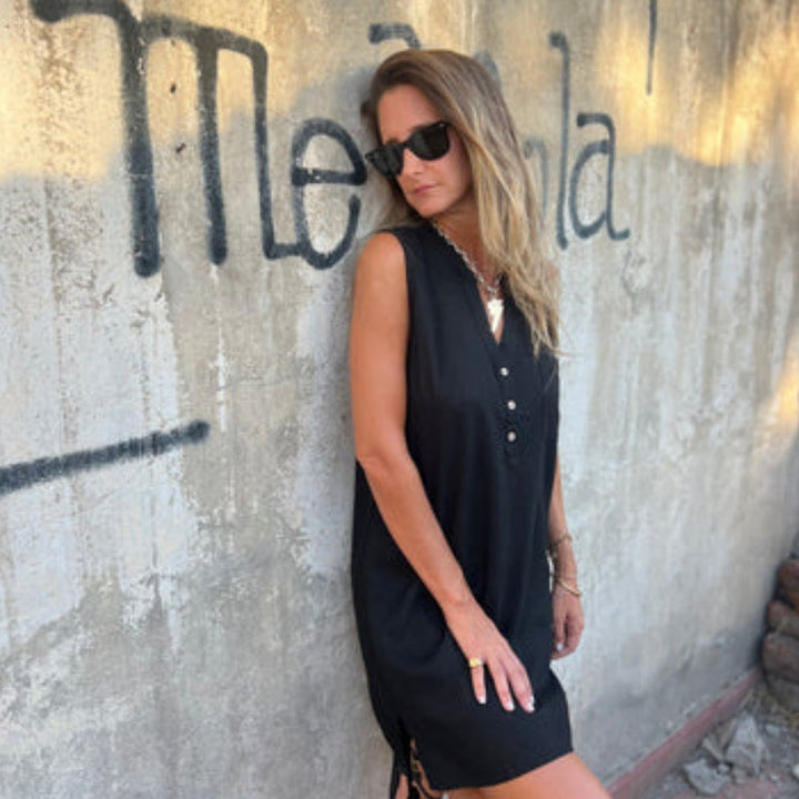 Women's V-Neck Sleeveless Dress with Button Placket