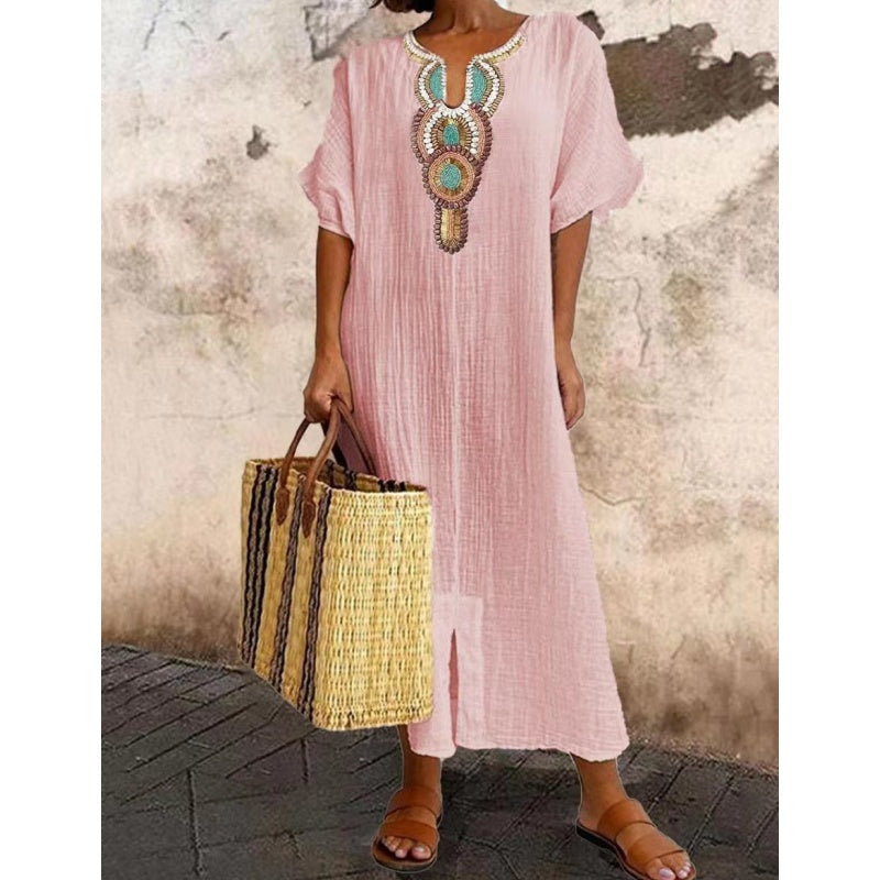Lioba – Embroidered Casual Linen Dress with Side Slit