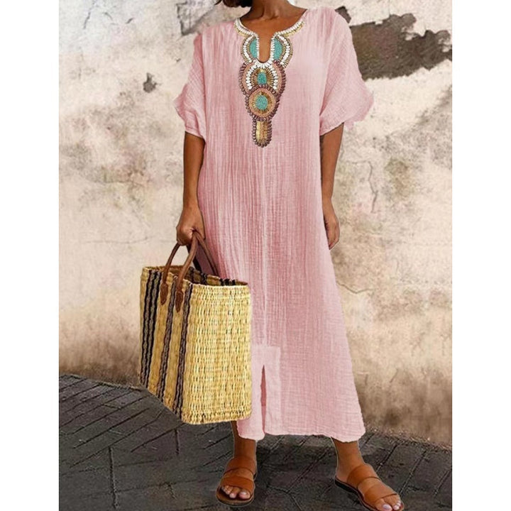 Lioba – Embroidered Casual Linen Dress with Side Slit