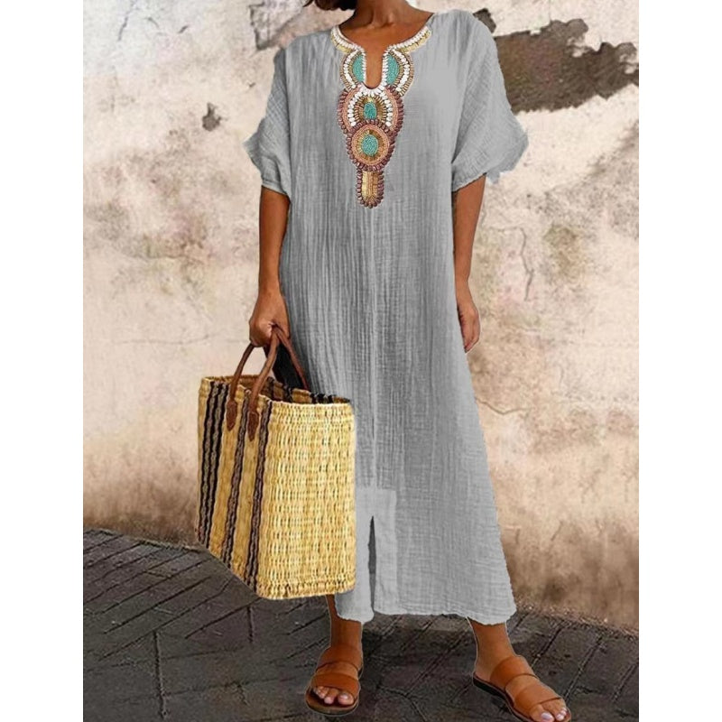 Lioba – Embroidered Casual Linen Dress with Side Slit