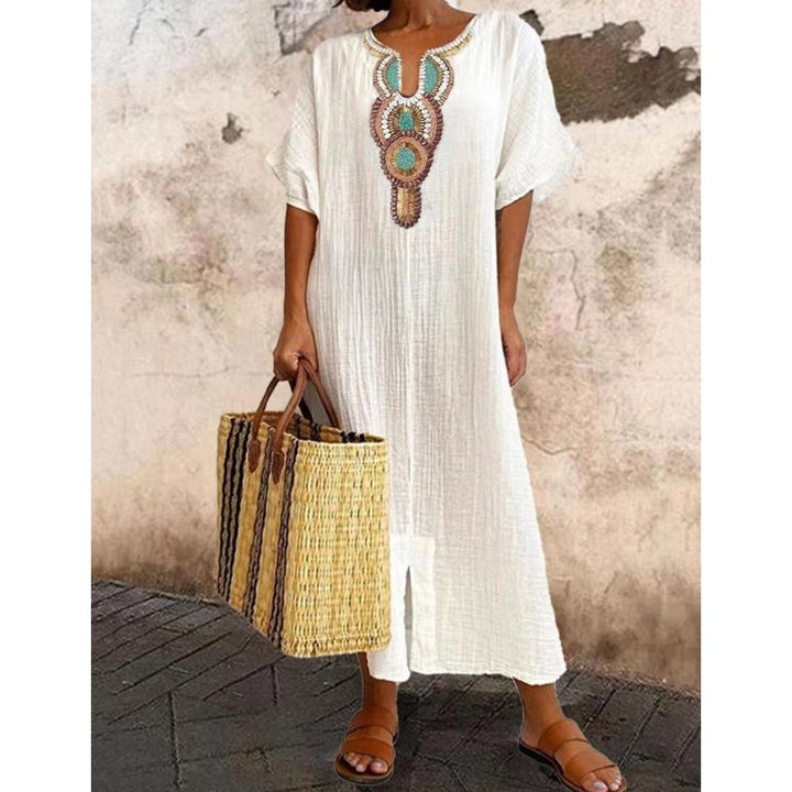 Lioba – Embroidered Casual Linen Dress with Side Slit