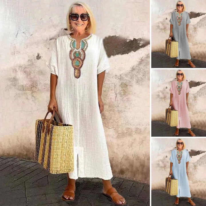 Lioba – Embroidered Casual Linen Dress with Side Slit